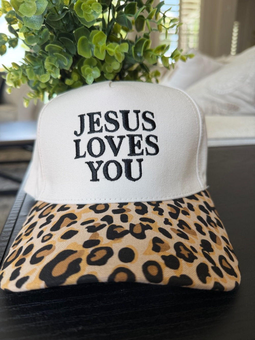 Faith Trucker Hat “Jesus Loves You” Leopard Brim Adjustable Cap Christian Hat